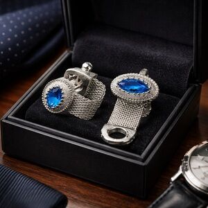 Vintage Silver Tone Mesh Wrap Oval Cufflinks w/ Marquise Shaped Blue Rhinestones